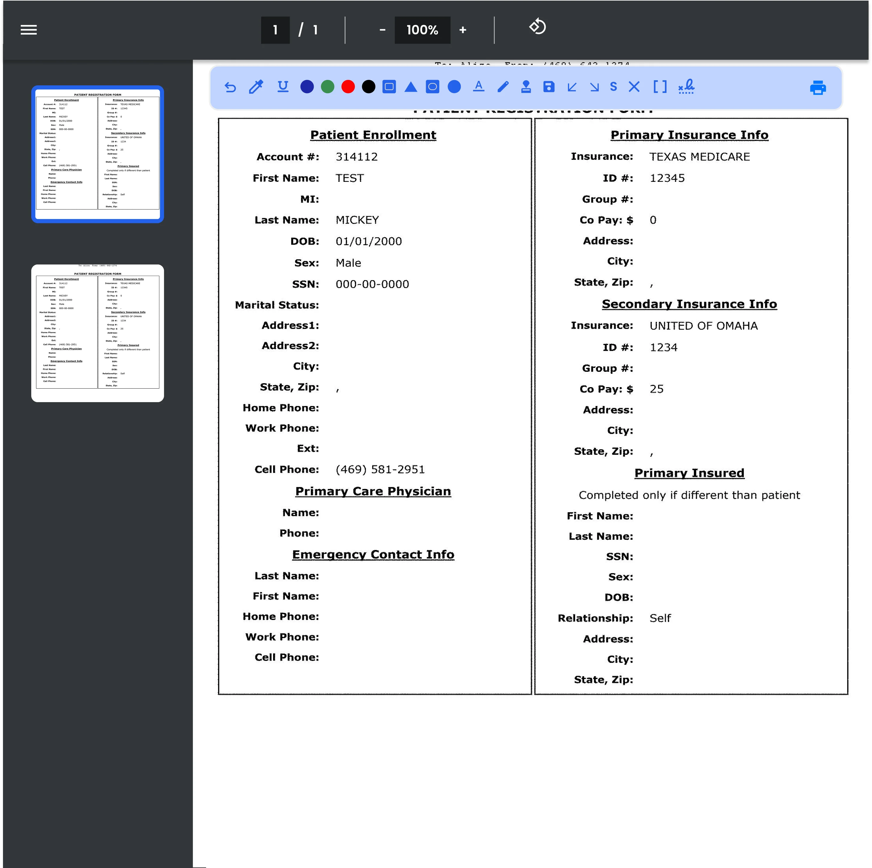 Fax Received document viewer thumbnails